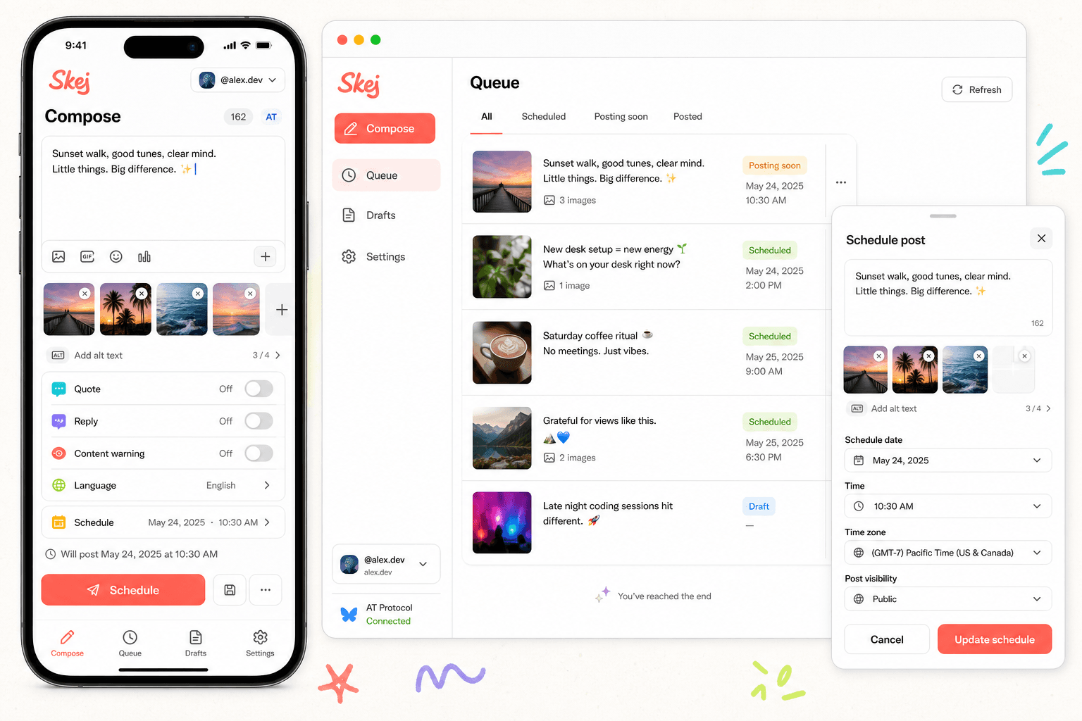 Skej mobile composer and desktop queue interface